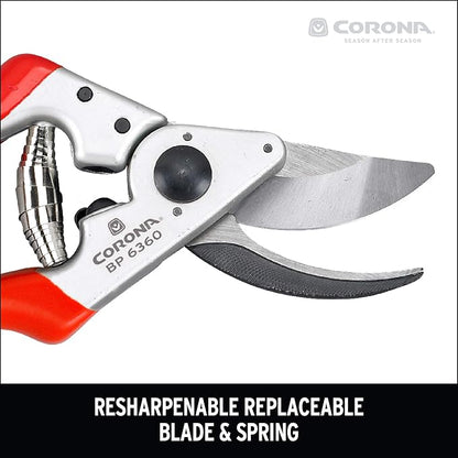 Corona BP 6360 Forged Steel Aluminum Handles Angled Bypass Hand Pruner - 1 inch Cut Capacity Stem and Branch Garden Shears, Red (Pack of 6)