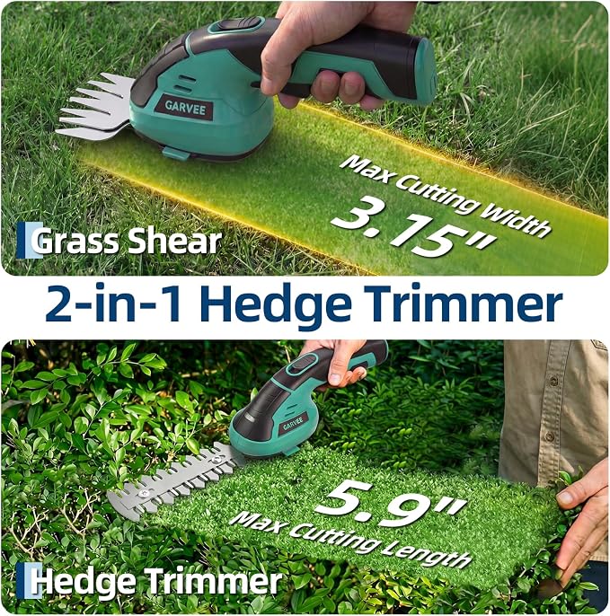 Garvee Cordless Hedge Trimmer - Small Garden 2 in 1 Handheld 7.2V Electric Grass Shears/Grass Cutter Rechargeable Lithium-Ion 2.0 Ah Battery and Type-C Cable Included Shrubbery Trimmer