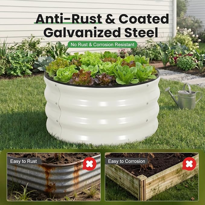 WILLOW WEAVE 4 Pcs Round Raised Garden Bed Outdoor, 2x2x1ft Circle Garden Bed, Galvanized Raised Planter Box for Gardening, Metal Raised Beds for Flower, Vegetable, Herb, White