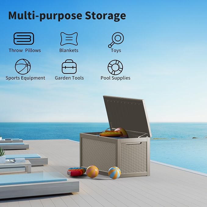 325 Gallon Outdoor Storage Box Waterproof, Lockable Resin Deck Box Large Storage Bin for Patio Furniture Cushion, Garden Tools, Pool Accessories, UV-Resistant Outside, Grey