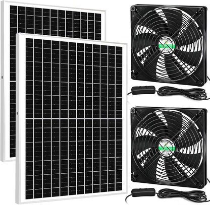 blessny 7.1" Solar 2 Fan Kit for Intake or Exhaust air, Weatherproofed 50W Solar Powered Fans for Outside Chicken Coops, Greenhouses, Shed, Pet House Air Ventilation
