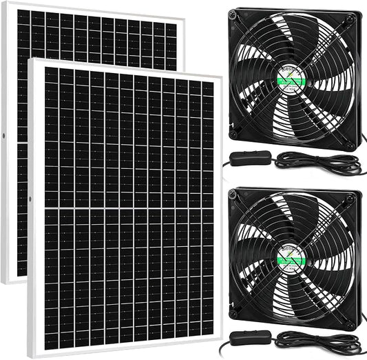 blessny 7.1" Solar 2 Fan Kit for Intake or Exhaust air, Weatherproofed 50W Solar Powered Fans for Outside Chicken Coops, Greenhouses, Shed, Pet House Air Ventilation