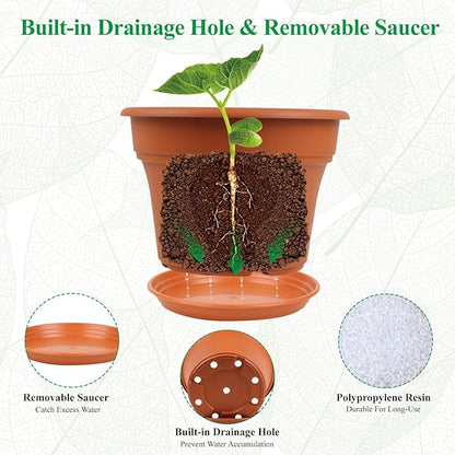 Pottiffe 13 Inch Plastic-Flower-Pot-for-Indoor-Plants, 4 Pack Large Outdoor Planter Pot with Drainage Holes & Saucers, Resin Decorative Garden Pots Planters