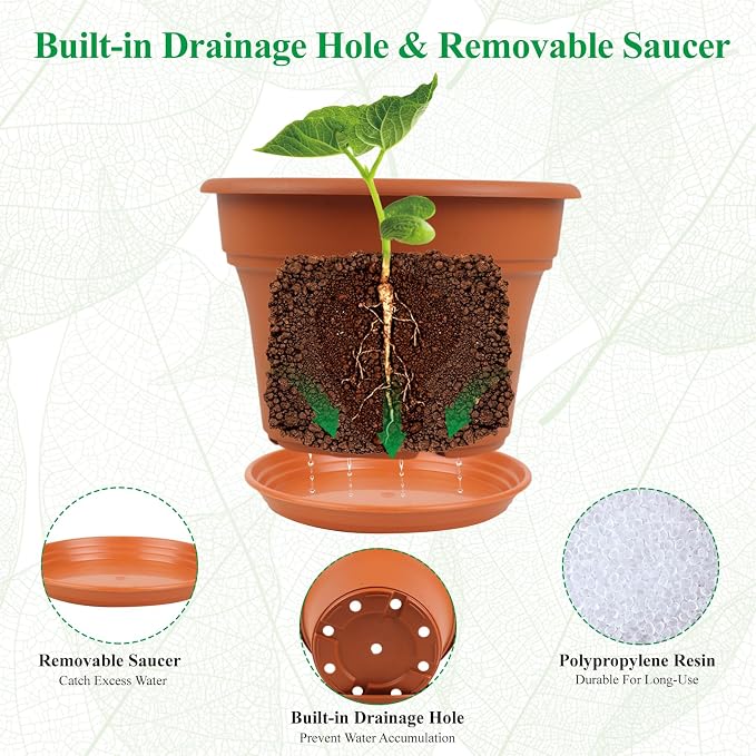 Pottiffe 6 Inch Plastic-Flower Pot-for-Indoor Plants, 6 Pack Outdoor Plant Pots with Drainage Holes & Saucers, Resin Garden Pots Planters