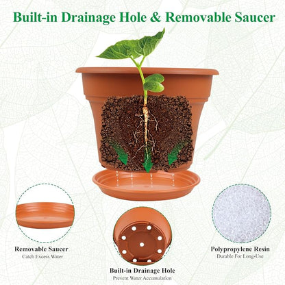 Pottiffe 16 inch Plastic-Flower-Pot-for-Indoor-Plants, 4 Pack Large Outdoor Planter Pot with Drainage Holes & Saucers, Resin Decorative Garden Pots Planters