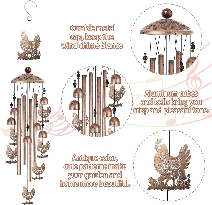 Romart Chicken Wind Chimes for Outside, Chicken Lover Gifts for Women Men Memorial Birthday, Metal Rooster Windchimes for Outdoors Indoors, Garden, Patio, Home, Porch, Yard Decorations