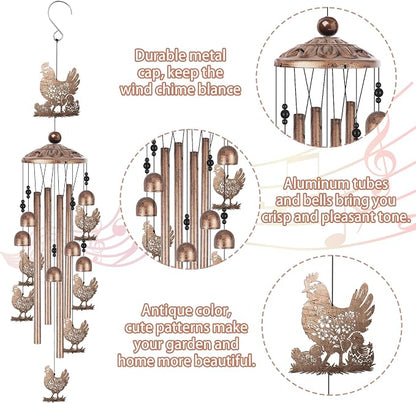 Romart Chicken Wind Chimes for Outside, Chicken Lover Gifts for Women Men Memorial Birthday, Metal Rooster Windchimes for Outdoors Indoors, Garden, Patio, Home, Porch, Yard Decorations