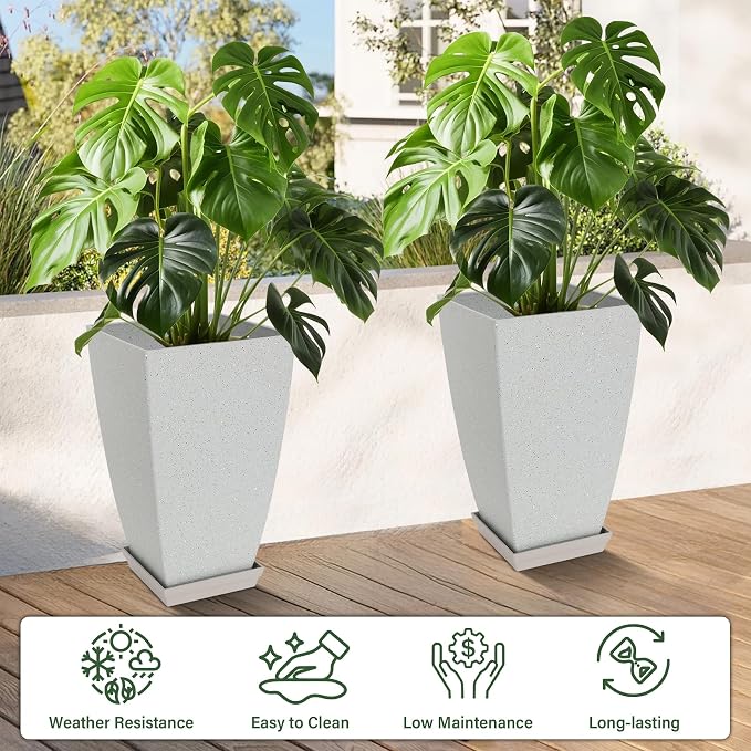Neoaider Set of 2 Tall Planter, 21 inch Large Plastic Planter, Bluish Gray | Ceramic-Look, Lightweight, Built-in Drain Hole, Saucers, Tall Outdoor Planter for Porch, Garden, Patio, Balcony