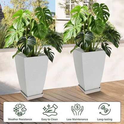 Neoaider Set of 2 Tall Planter, 21 inch Large Plastic Planter, Bluish Gray | Ceramic-Look, Lightweight, Built-in Drain Hole, Saucers, Tall Outdoor Planter for Porch, Garden, Patio, Balcony