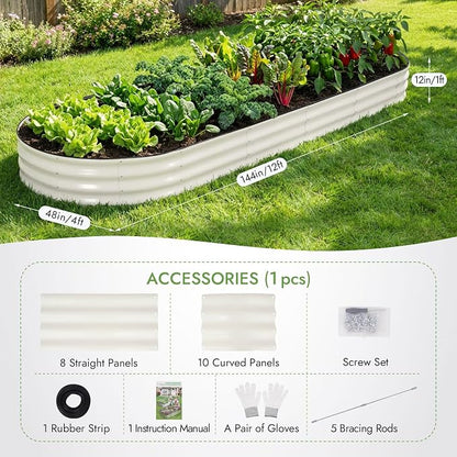 INNO STAGE Galvanized Raised Garden Bed, 12x4x1FT Oval Metal Raised Garden Beds for Vegetables, Rust-Resistant & Easy Assembly, Outdoor Planter Box for Gardening, Flowers, Herbs (White)
