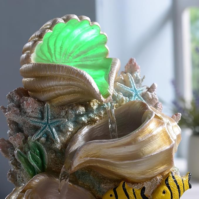 GOSSI Coral Shell Water Fountain - Tabletop Waterfall Fountain Indoor Desktop Decor with LED Lights, Zen Meditation Relaxation, Home Office Decoration (23037)