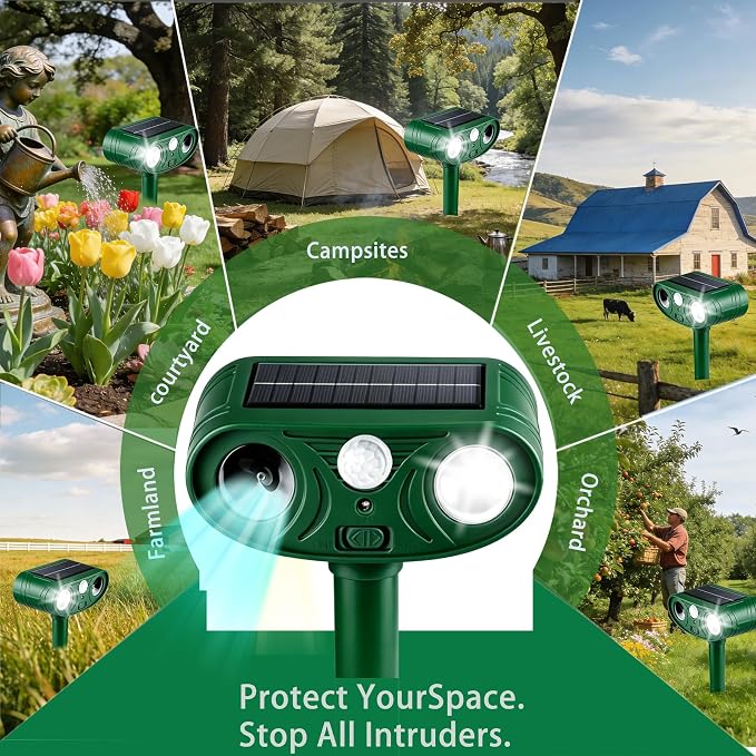 2026 New Intelligent Solar-Powered Ultrasonic Animal Deterrent – Motion Sensor + Strobe Flashing Lights – Waterproof Outdoor Repeller for Deer, Cats, Rabbits, Squirrels, Dogs, Raccoons & Skunks (4)