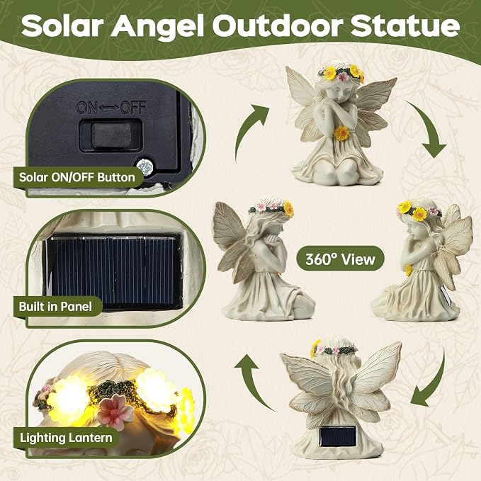 Solar Angel Garden Statue Outdoor Decor for Mother's Day, Fairy Figurine with Garland Flower Light, Cemetery Decoration for Grave, Yard, Patio, House Warming Birthday Gifts for Women, Mom
