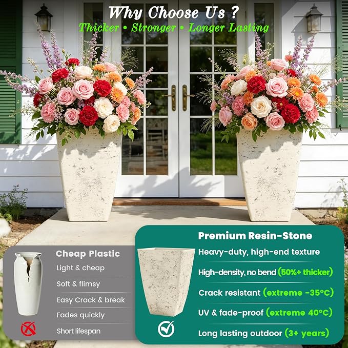 Autodaya 19" Country White Square Tall Planters Set of 2 with Drainage Hole | Handmade Birch Bark Texture, Large Indoor and Outdoor Flower Pots for Front Porch, Garden, Patio, or Entryway Decor