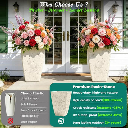 2-Pack 19" Country White Resin Square Planters with Drainage Hole | Set of 2 resin planters with weathered stone texture, drainage plugs, and UV-resistant finish for porch, patio, or indoors