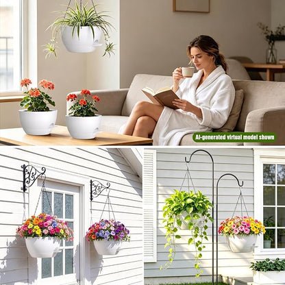8 Inch Self Watering Hanging Planters Set of 3 with Saucers | Set of 3 8-inch self-watering hanging planters with side-fill watering ports, chain hangers & snap-on saucers