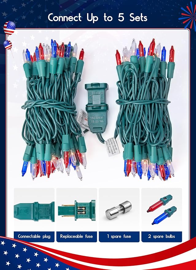 Minetom Red White Blue Christmas Lights Green Wire - 100 Count 4th July Decoration Patriotic Mini String Lights Waterproof for Indoor Outdoor Xmas Holiday Party Patio Independence Day Decoration