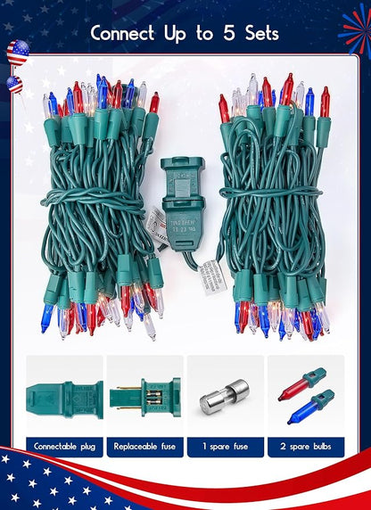 Minetom Red White Blue Christmas Lights Green Wire - 100 Count 4th July Decoration Patriotic Mini String Lights Waterproof for Indoor Outdoor Xmas Holiday Party Patio Independence Day Decoration