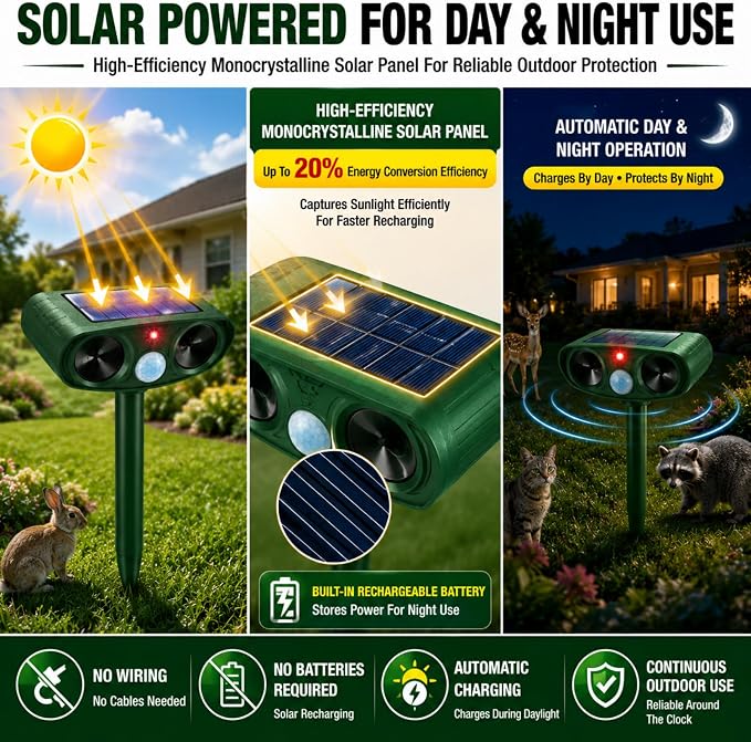 4 Pcs Upgraded Deer Repellent Devices,Solar Animal Repellent Ultrasonic Outdoor for Cats Squirrels Racoons Rabbits Foxs Dogs Skunks,IP65 Waterproof Motion Sensor Animal Repeller Deterrent for Garden