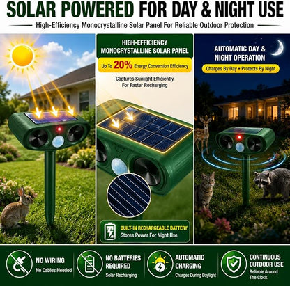 4 Pcs Upgraded Deer Repellent Devices,Solar Animal Repellent Ultrasonic Outdoor for Cats Squirrels Racoons Rabbits Foxs Dogs Skunks,IP65 Waterproof Motion Sensor Animal Repeller Deterrent for Garden