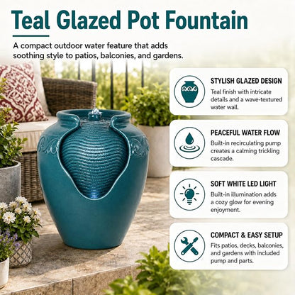Teamson Home Floor Glazed Pot Water Fountain with Built-in LED Light and Pump for Outdoor Indoor Patio Garden Backyard Decking Home Décor, 17 inch Height, Teal | Floor Standing Ceramic Waterfall, LED Lights, Patio Garden Deck Porch Yard, Zen Outdoor De...
