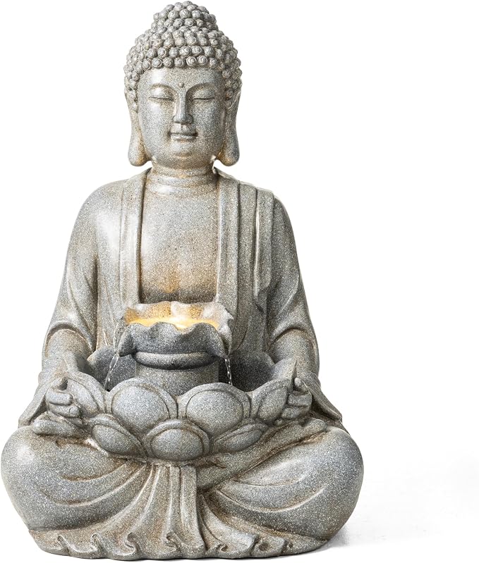 Glitzhome 28.25" Zen Buddha Fountain, Large Outdoor Water Fountain with LED Light, Polyresin Stone Powder Concrete Finish Meditating Buddha Statue for Garden Patio Yard Deck, 4 Warm LED Lights
