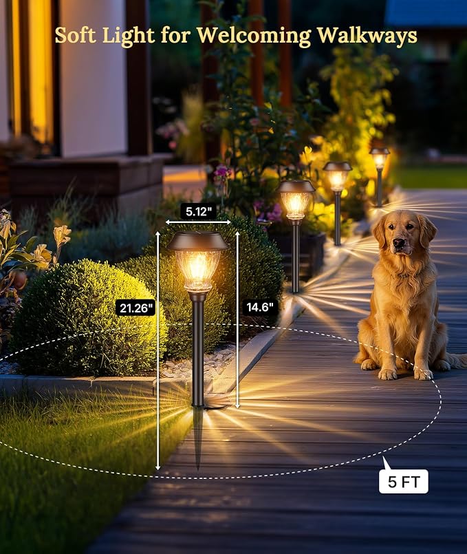 XMCOSY+ Solar Pathway Lights Outdoor, 8 Pack Decorative Crackled Glass Garden Lights, Soft Warm White Glow, Auto On/Off Waterproof Landscape Lighting for Yard Walkway Patio