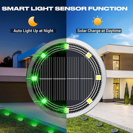 Peasur Solar Ground Lights Outdoor, 12 Pack Flat Solar Powered Disc Lights, IP68 Waterproof, Anti-Rust, Landscape Lighting for Pathway Garden Yard Lawn Walkway Landscape Driveway, Green
