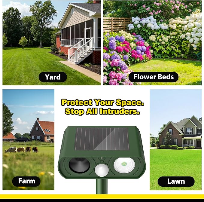Solar Ultrasonic Animal Repellent Outdoor, Deer Repellent Devices Waterproof, Cat Squirrel Rabbit Dog Raccoon Deterrent Animal Repeller with Motion Detection, Keep Skunk Away for Yard, Green, 2 Pack