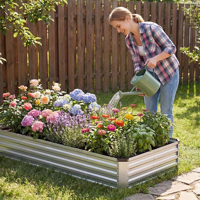 NEWBULIG Galvanized Raised Garden Bed Outdoor, 8x4x1ft Metal Planter Box for Gardening, Rust-Resistant Rectangular Raised Flower Bed for Vegetables Flowers Herbs, Open Bottom, Easy Assembly