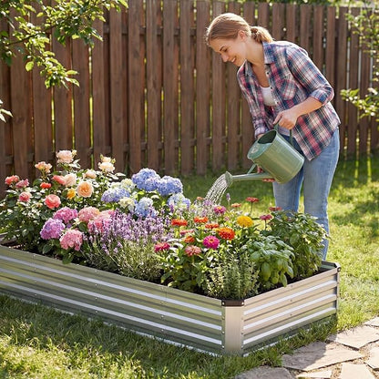 NEWBULIG Galvanized Raised Garden Bed Outdoor, 8x4x1ft Metal Planter Box for Gardening, Rust-Resistant Rectangular Raised Flower Bed for Vegetables Flowers Herbs, Open Bottom, Easy Assembly
