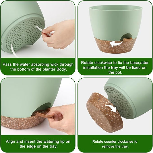 QRRICA Plant Pots 10/9/8 Inch Self Watering Pots, Set of 3 Plastic Planters with Drainage Holes and Saucers,Plastic Flower Pots,Nursery Planting Pot for Indoor Out Door Plants（Green）