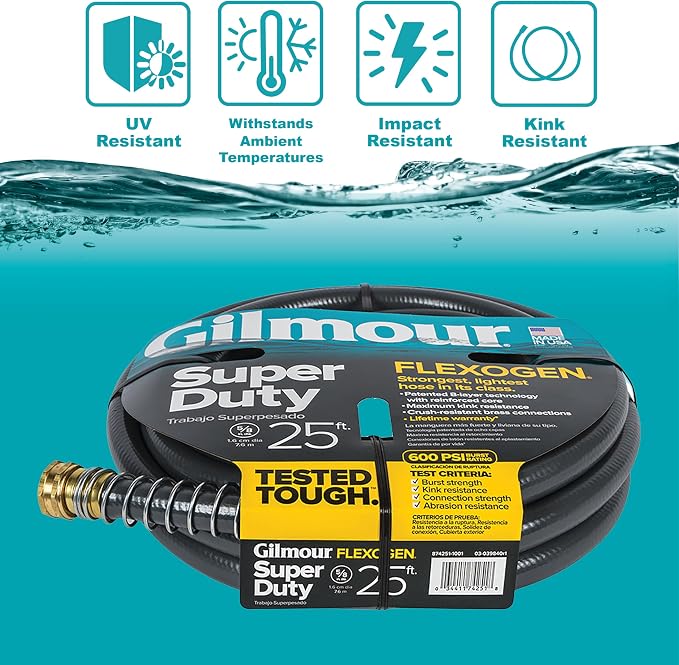 Gilmour Flexogen 5/8 in x 25 ft Garden Hose, Heavy Duty Water Hose, Flexible and Kink Resistant Outdoor Hose | Leak-Proof Brass Couplings, Kink Resistant 8-Layer Design, 500 PSI, Made in USA