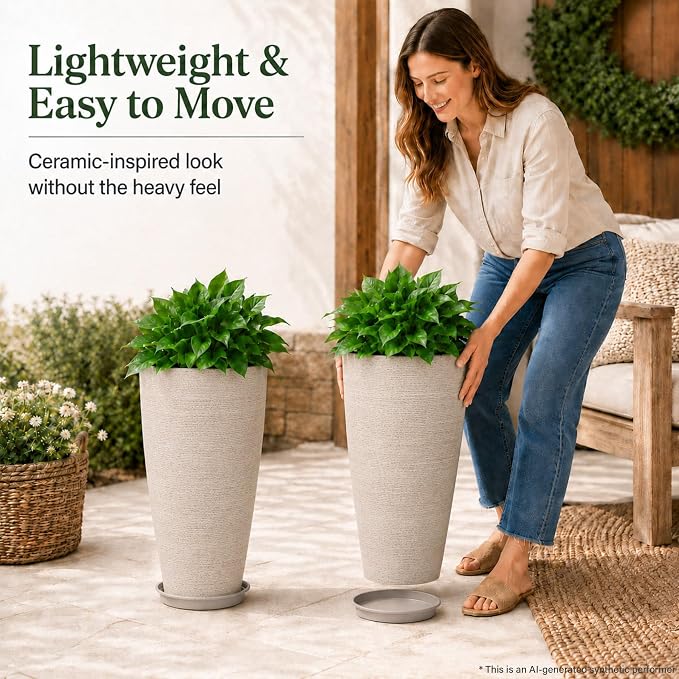 Neoaider Set of 2 Tall Planter, 21 inch Large Plastic Planter, Oat Color | Ceramic-Look, Lightweight, Built-in Drain Hole, Saucers, Tall Outdoor Planter for Porch, Garden, Patio, Balcony
