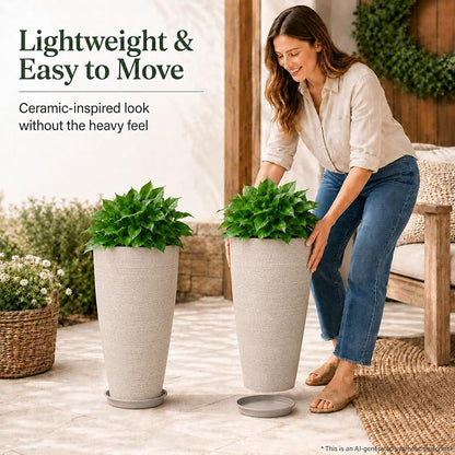 Neoaider Set of 2 Tall Planter, 21 inch Large Plastic Planter, Oat Color | Ceramic-Look, Lightweight, Built-in Drain Hole, Saucers, Tall Outdoor Planter for Porch, Garden, Patio, Balcony