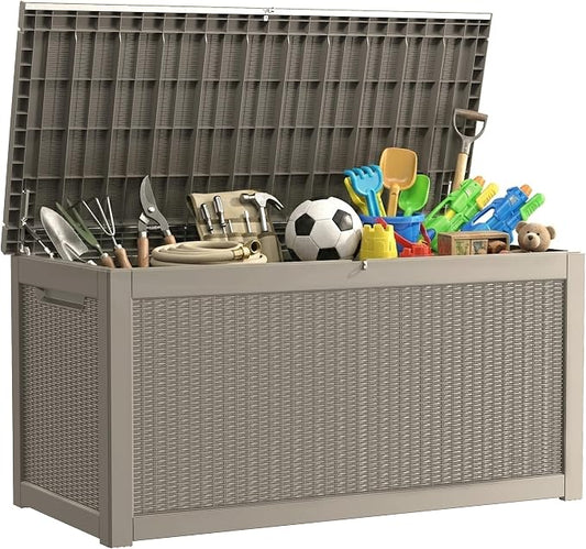 Outdoor Storage Box, 320 Gallon Waterproof Deck Box [Upgraded 3.0], Dual Gas-Spring Ultimate Resin Organizer for King Cushions, Heavy-Duty Lockable Estate Storage Bench, Backyard BBQ, Grey