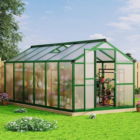 8x12 FT Greenhouse - Large Aluminum Greenhouses for Outdoors | Walk-in Polycarbonate Greenhouse with Roof Vent & Ground Nails, Heavy Duty Green Houses for Garden, Backyard, Patio