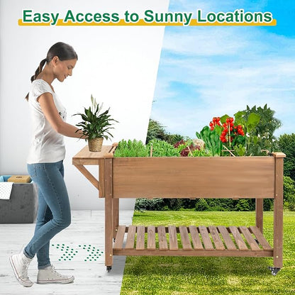 Gowoodhut Raised Garden Bed with Wheels, Wood Elevated Garden Box with W-Connection Tabs，for Vegetable, Flower, Herb, Large Storage Shelf, Easy to Assemble, 55.5x24x32in