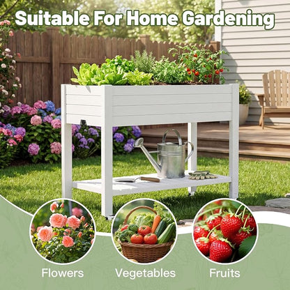 Fancyango Raised Garden Bed with Wheels 33.7" H -Medium Ashen | Resin Elevated Garden Planter Box with Drainage, Outdoor Planter Box for Veggies Herbs Patio Balcony Backyard