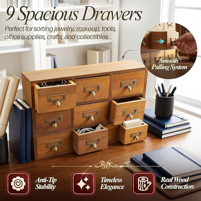 Flexzion Apothecary Cabinet with Drawers - 9 Vintage Drawers, Card Catalog Cabinet, Brown Wooden Tabletop Desktop Organizer for Home Office, Jewelry, Makeup, Tools & Small Item Storage