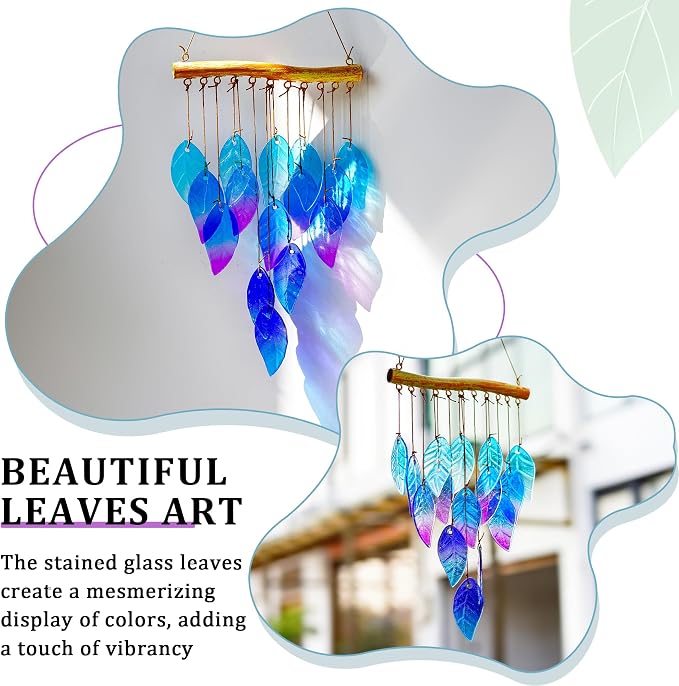 YU FENG 12.5 Inch Handmade Stained Glass Leaf Wind Chimes Window Decor | Unique Glass Chimes, Indoor Outdoor Hanging Ornament, Leaf Pattern Decoration for Patio Backyard Home