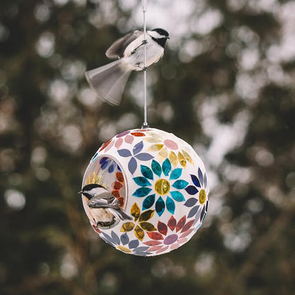 Backyard Expressions Hanging Glass Bird Feeder - Multicolor - Fly Through Bird Feeders for Outside, Mosaic Bird Feeder, Round Shape Wild Birdfeeder