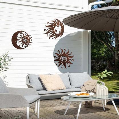 Limygus Set of 3 Rust Colored Sun Moon Metal Wall Art, Rust Proof Indoor Outdoor Farmhouse Patio Bedroom Decor