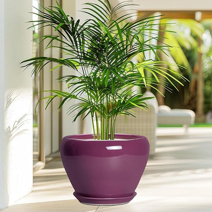 Ceramicfor 10 Inch Plant Pot - Ceramic Planter with Drainage Hole and Saucer, Round Modern Flower Pot for Indoor Outdoor Plants, Housewarming Gift, Home Garden Decor, Purple