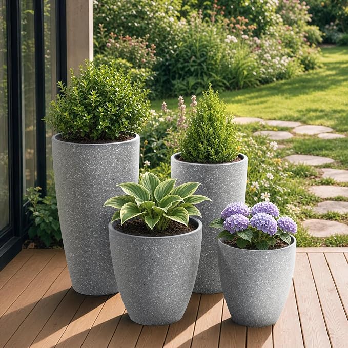 ZMTECH 4 Pack Plastic Planters 21/18/12/10in, Indoor Outdoor Round Planter for Porch, Large Plant Pot with Drainage Hole for Home Garden Front Door, Modern Decorative Pots for Plants (Light Gray)