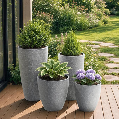 ZMTECH 4 Pack Plastic Planters 21/18/12/10in, Indoor Outdoor Round Planter for Porch, Large Plant Pot with Drainage Hole for Home Garden Front Door, Modern Decorative Pots for Plants (Light Gray)