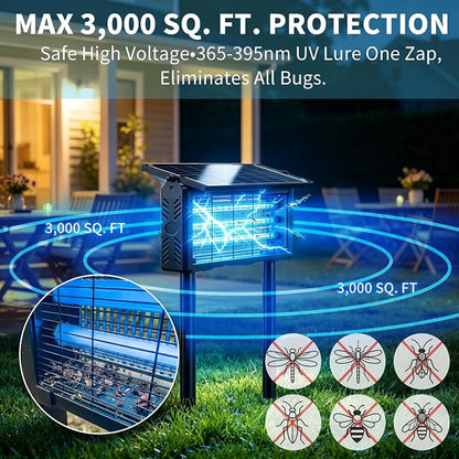 Solar Bug Zapper Outdoor 18W | 9600mAh, 365–395nm UV, Dusk-Dawn Sensor, IPX5 Waterproof, 20ft Cord, Indoor & Outdoor for Home, Patio, Garden, Deck, Camping
