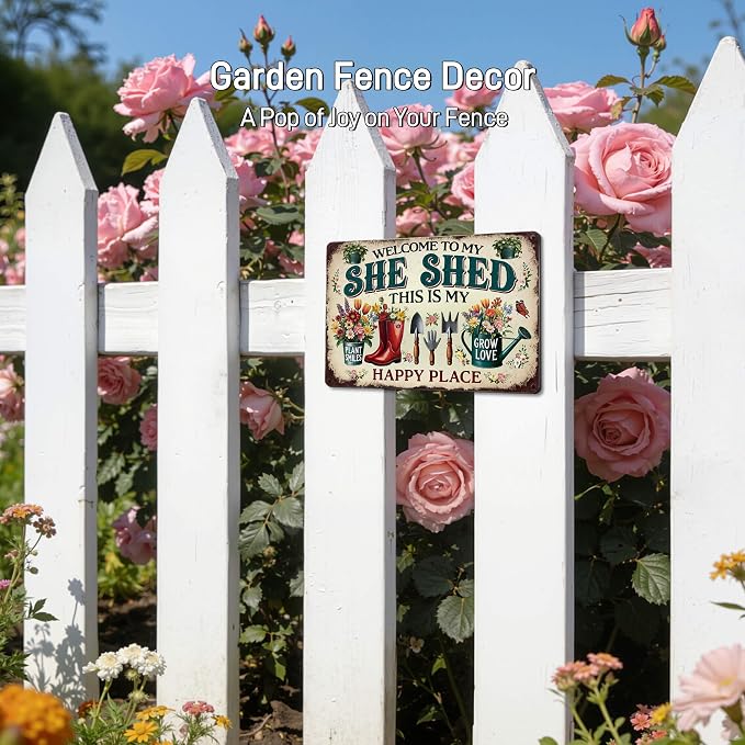 Welcome to My She Shed Sign Vintage Metal Garden Decor 8x12 Inch | Rustproof Aluminum, Happy Place Sign for Garden outdoor Greenhouse Patio Yard Backyard, Gardening Gift for Women Plant Lover