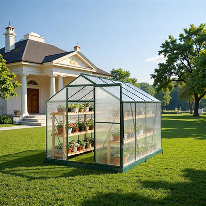 6x8 FT Greenhouse, Walk-in Polycarbonate Greenhouse, Heavy Duty Aluminum Outdoor Green House Kit with Sliding Door, Roof Vent, Rain Gutter for Backyard Garden All Season Growing, Green