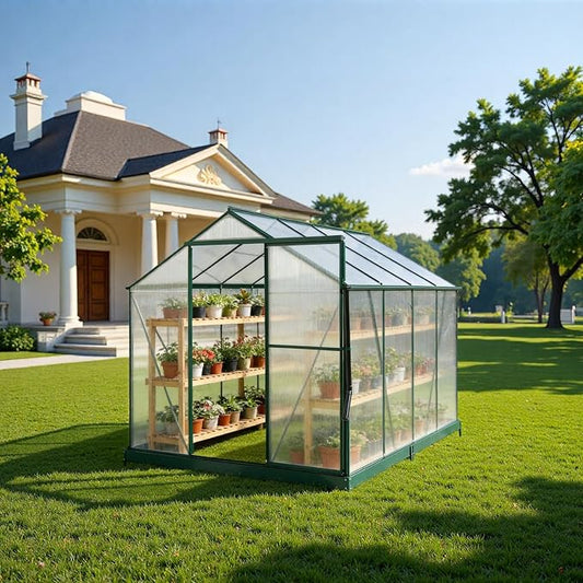 6x8 FT Greenhouse, Walk-in Polycarbonate Greenhouse, Heavy Duty Aluminum Outdoor Green House Kit with Sliding Door, Roof Vent, Rain Gutter for Backyard Garden All Season Growing, Green